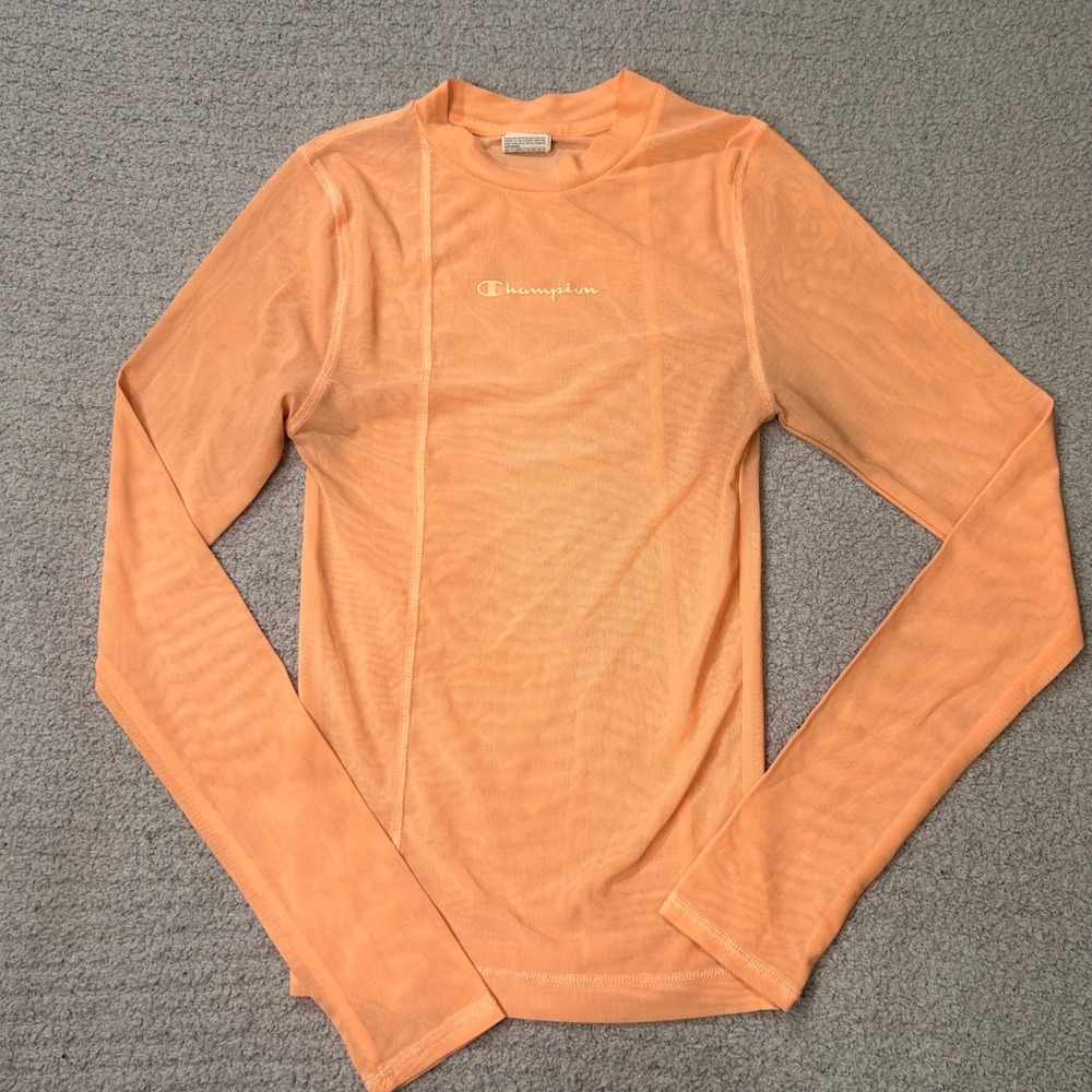 Champion‎ Mesh Top Long Sleeve XS Orange Sheer Athletic Streetwear Y2K Logo